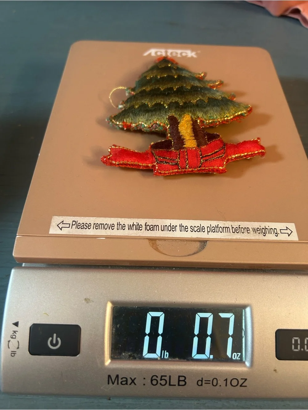 Handmade Green and Red Embroidered Christmas Tree Ornament w/Gold Stitching